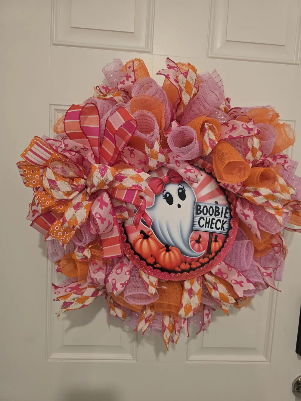 Pink & Orange Breast Cancer Awareness Holiday Wreath - Boobie Check Halloween